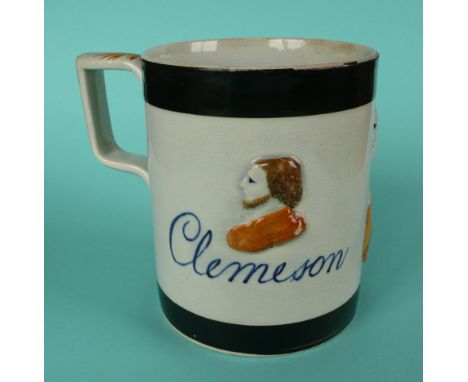 An interesting Prattware mug moulded with two similar profiles centred by another depicted with long wig, sash and Garter Sta