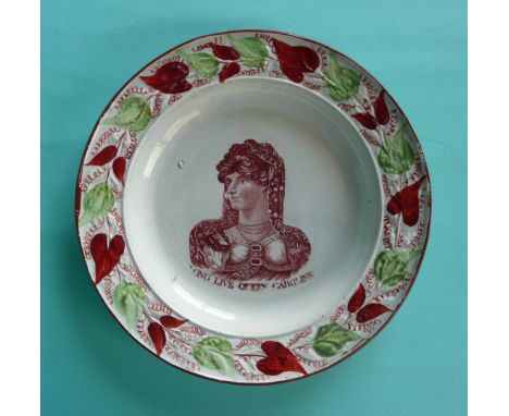 1820 Caroline: a pearlware nursery plate printed in brown with a named portrait depicted with mantilla shawl, 171mm(commemora
