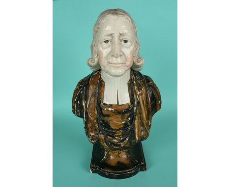 1791 Rev John Wesley in memoriam: a pearlware portrait bust by Enoch Wood on integral pedestal base, the reverse applied with