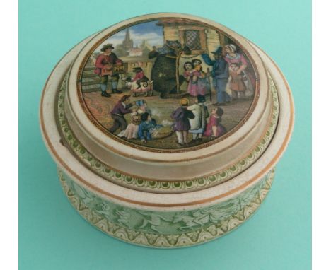 The Village Wakes (232) shaped lid, restored, complete with green ‘Punch’ base (2)(potlid pot lid pratt prattware)