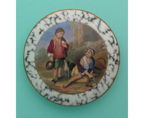 Peasant Boys (348) large, black mottled border lined in gilt(potlid pot lid pratt prattware)