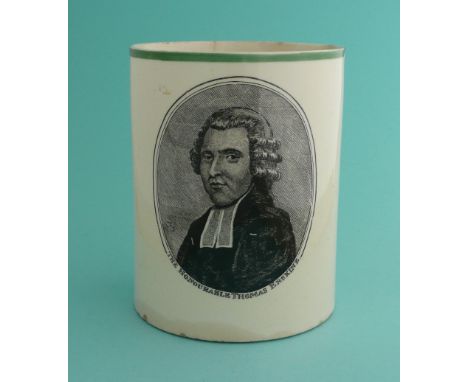 Thomas Erskin: a creamware mug the rim banded in green, printed in black with a named portrait medallion, circa 1807, 136mm, 