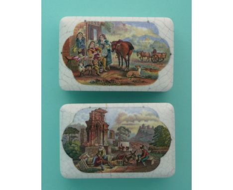 The Cavalier and Serving Woman (381) and Halt Near Ruins (390) repaired, both with bases (4)(potlid pot lid pratt prattware)