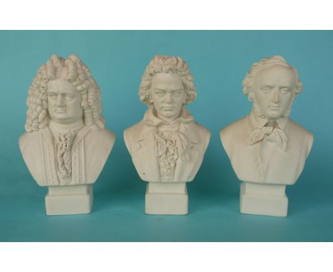Three parian portrait busts of Handel, 202mm, Beethoven, hairline crack and Mendelssohn, repaired (3)(staffordshire pottery t