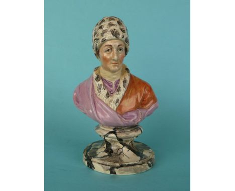 Jean Jacques Rouseau: a good quality and colourfully enamelled Staffordshire pearlware portrait bust on integral named socle,