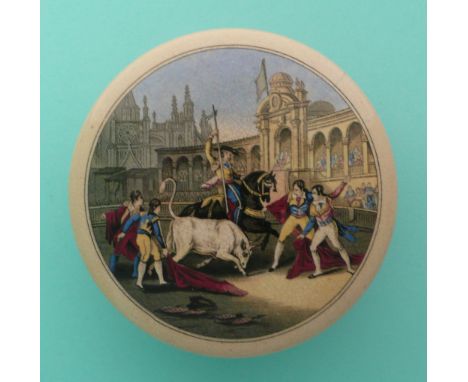 The Bull Fight (244) rim chip and hairline crack (2)(potlid pot lid pratt prattware)