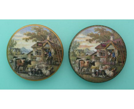 The Red Bull Inn (359) two examples, one with gold banding the other with malachite flange (2)(potlid pot lid pratt prattware