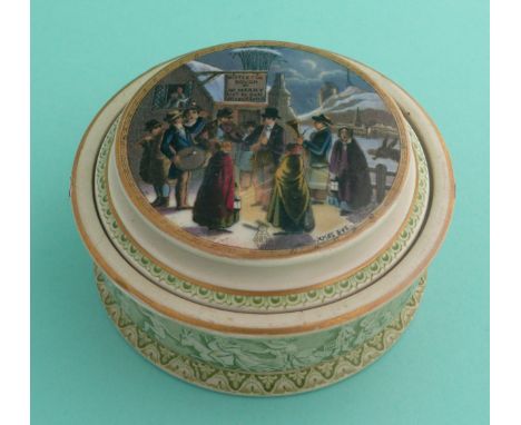 Xmas Eve (238) shaped lid, restored, complete with green ‘Punch’ base, restored chips (2)(potlid pot lid pratt prattware)