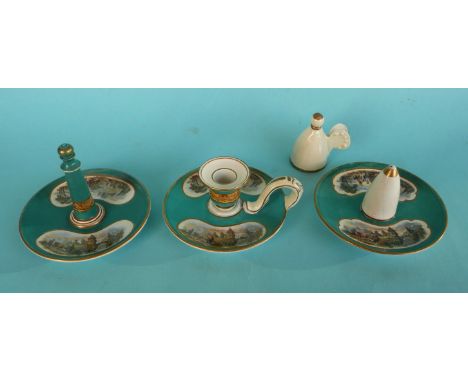 A chamberstick, handle restored, 102mm diameter, a ‘lighthouse’ ring stand and a ‘tree’ ring stand and a candle snuffer and s