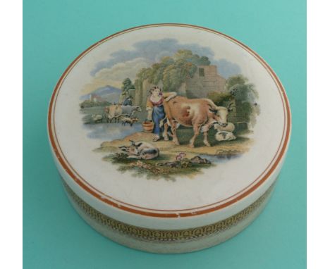 The Milkmaid (443) large, flat lid banded in brown, complete with matching base, stained (2)(potlid pot lid pratt prattware)