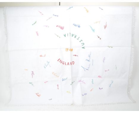 A vintage 20th-century embroidered tablecloth of 1948 English / Australian cricket team signatures, including, Denis Compton,