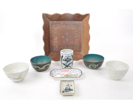 A collection of vintage 19th century / 20th century Asian pieces, comprising of: a carved wooden tea tray, a Bat Trang Vietna