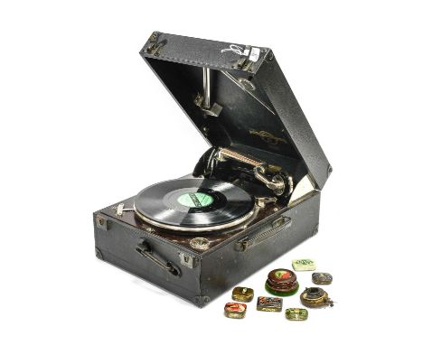 Columbia Grafonola Portable Gramophone Model 112A, with Columbia soundbox, wooden motor board, in black rexine case; together