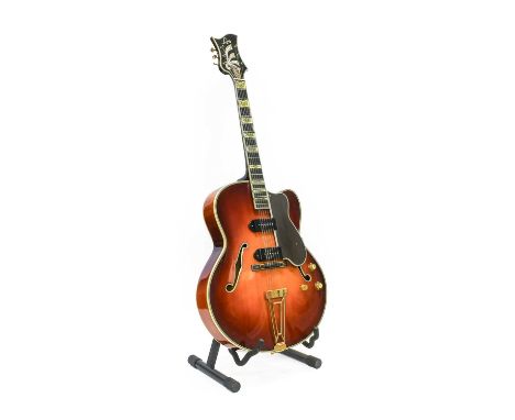 Levin Archtop Electric Guitar sunburst body, black and white binding, black scratchplate, adjustable bridge, trapeze tailpiec