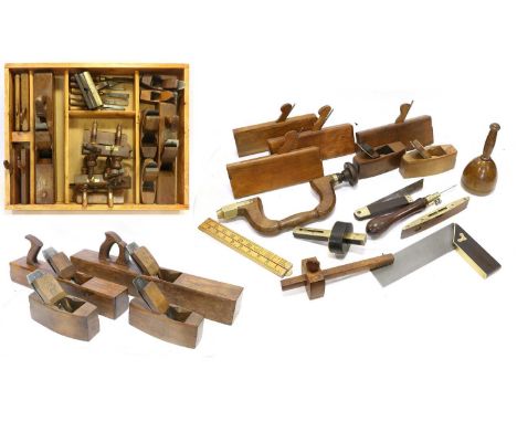 Various Woodworking Tools including brace, scribe, set square, chisels, level, various moulding and other wooden planes (qty)