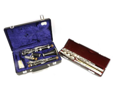 Flute By Jupiter Model JFL511 no.907691, in manufacturers hard case and carry bag; together with Clarinet by Boosey &amp; Haw