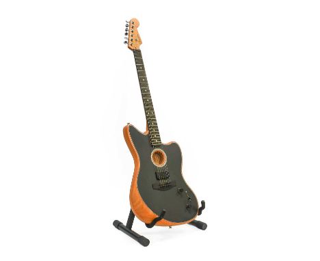 Fender Model 494 000 718 Acoustasonic Guitar no.US220928A, unvarnished natural finish with black body face, two control dials