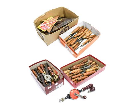 Various Woodworking Tools including a collection of chisels, Bisston saw, Moore &amp; Wright micrometre, scribes, shaves and 