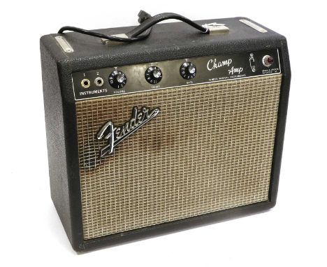Fender Champ-Amp Black Face Valve Amplifier Made in USA; three control dials, two inputs, front printed 'Design &amp; Circuit