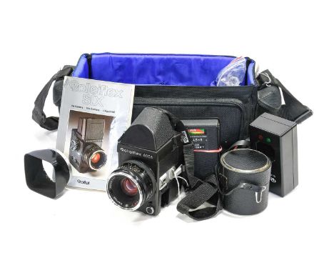 Rolleiflex 6006 Camera no.4804542 with Rollei-HFT Planar f2.8 80mm lens, prism viewer, additional film back, battery and char