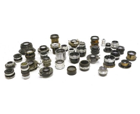 Various Lenses including Ross Resolux, Wray f4.5 4 1/4", Voigtlander Compur-Rapid, CZJ Tessar f3.5 105mm, three brass lenses 