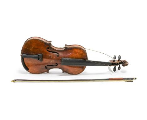 Violin 13" one piece back, ebony fittings, labelled 'Stradivarius', cased with bow