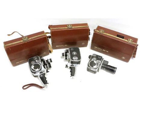 Bolex Cine Cameras B8SL with Yvar f2.8 36mm and f1.9 13mm lenses; P2 with Berthiot Pan-Cinor f1.9 9-30mm lens and D8L with Yv