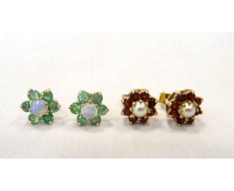 TWO PAIRS OF GEM SET CLUSTER STUD EARRINGSone pair set with opal and emerald and the other with garnet and pearl, both in nin