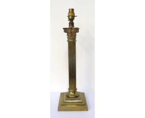 VINTAGE BRASS CORINTHIAN COLUMN TABLE LAMPraised on a stepped square base, 47cm high (including fitment)