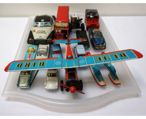 COLLECTION OF VINTAGE TINPLATE AND OTHER MODEL VEHICLESincluding Highway Patrol and Police Cars, London Bus, Blue Bird Seapla