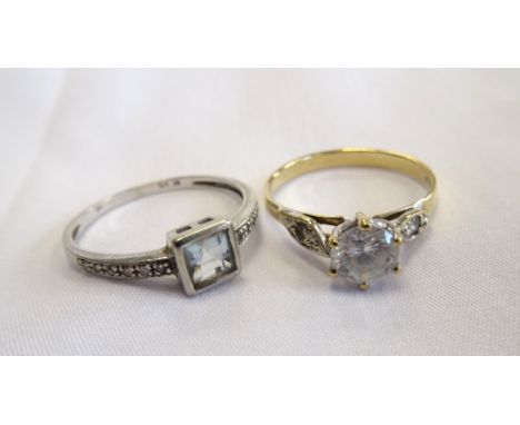 TWO CZ SET NINE CARAT GOLD RINGSone in white gold with small diamonds to the shoulders, ring sizes O and Q-R