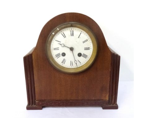 1930s MAHOGANY CASED MANTLE CLOCKin a shaped case with a white enamel face with Roman numerals and an eight day movement