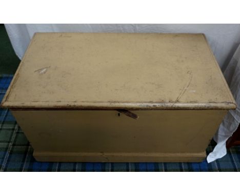 VINTAGE PAINTED PINE BLANKET BOXthe hinged lid opening to reveal a candle box and drawer, with metal carrying handles, 58.5cm