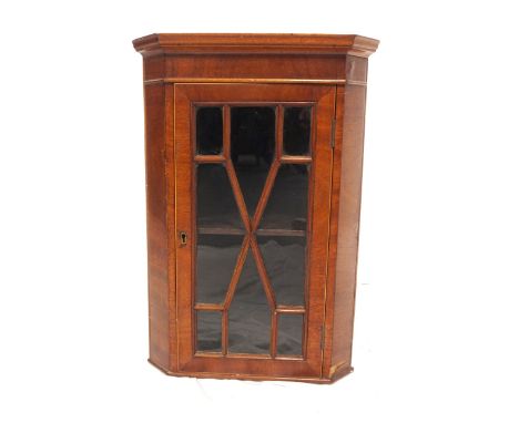 VICTORIAN MINIATURE MAHOGANY VENEER PINE CORNER CABINETwith glazed astragal door and shelf interior, 52.2cm high x 36cm wide