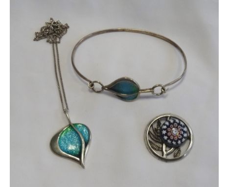 MALCOLM GRAY FOR ORTAK ENAMEL SET SILVER PENDANT AND MATCHING BANGLEeach of stylised leaf design with turquoise/green enamel,