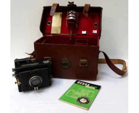 VINTAGE 'BESSA' (or similar) FOLDING CAMERAwith a variety of lenses and accessories, instruction manual and leather carrying 