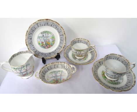 ROYAL ALBERT 'SILVER BIRCH' CHINA TEA SERVICEcomprising six cups, seven saucers, six side plates, two cake plates, two shaped