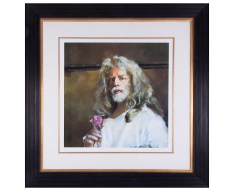 Robert Lenkiewicz (1941-2002) 'Self Portrait Holding Rose 1998' signed limited edition print 96/500, 47cm x 47cm, with certif