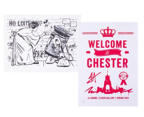 Two JJ Adams including 'Welcome To Chester' limited edition print 2/35, unframed together with another 'No Loitering' print, 