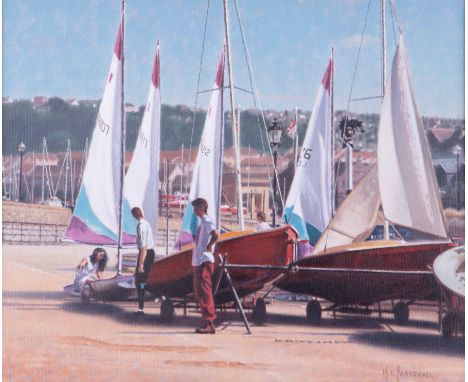 H.E. Marshall, signed oil on canvas 'Boats', 49cm x 59cm, framed. Biography note to reverse- Studied figure and portrait pain