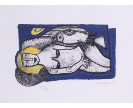 Cornellius Guillaume Van Beverloo (b1922), 'Aquamarine' signed limited edition print 4/70, 47cm x 61cm, framed and glazed.