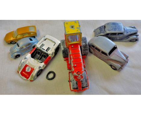 Six die cast Dinky Toys in used condition including a Riley, an Austin Devon and an availing Barford diesel road-roller.