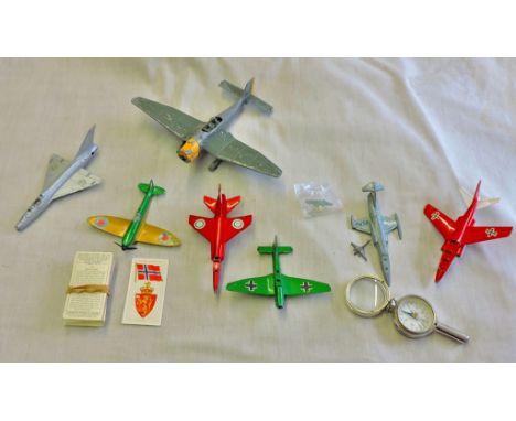 Vintage Aeroplanes and Compass in 'Play worn' condition. Also, 3 'aero' badges and a set of cigarette cards.