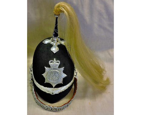 Lancashire Constabulary Rare Police Ceremonial Helmet, c.1960's - 1970's blue cloth helmet, large sunburst chrome Queen's Cro