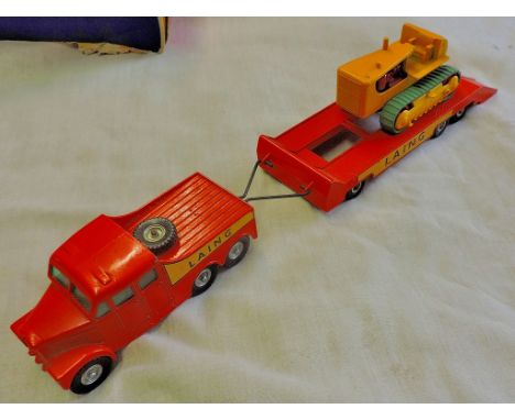 Matchbox King Size (K-8)-Prime Mover and Transporter with crawler tractor, orange bodies, yellow tractor, 'Laing' logo, near 