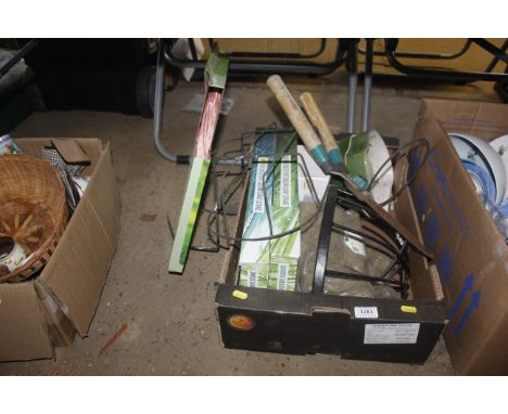 A box of gardening items, solar light stakes, lantern etc.
