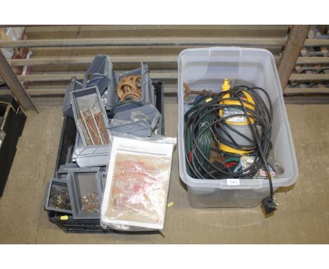 Two boxes containing various nails, screws and fittings, a water butt pump, handsaw etc.