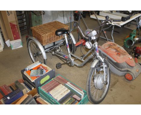 A Powabyke electric three speed tricycle (needing new battery - keys on rostrum)