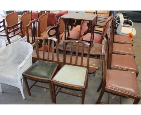 A pine long bench and two utility slat back dining chairs