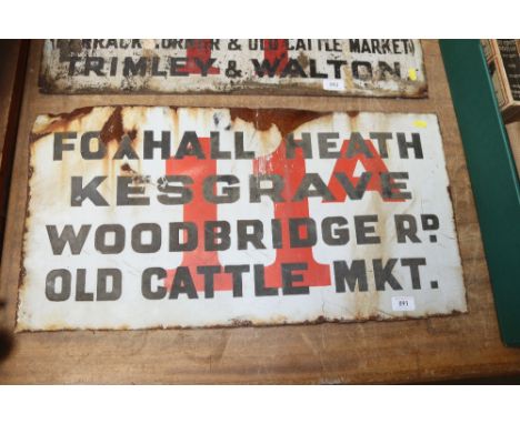 A vintage enamel No.11A bus sign for Foxhall Heath, Kesgrave, Woodbridge Road, Old Cattle Market AF